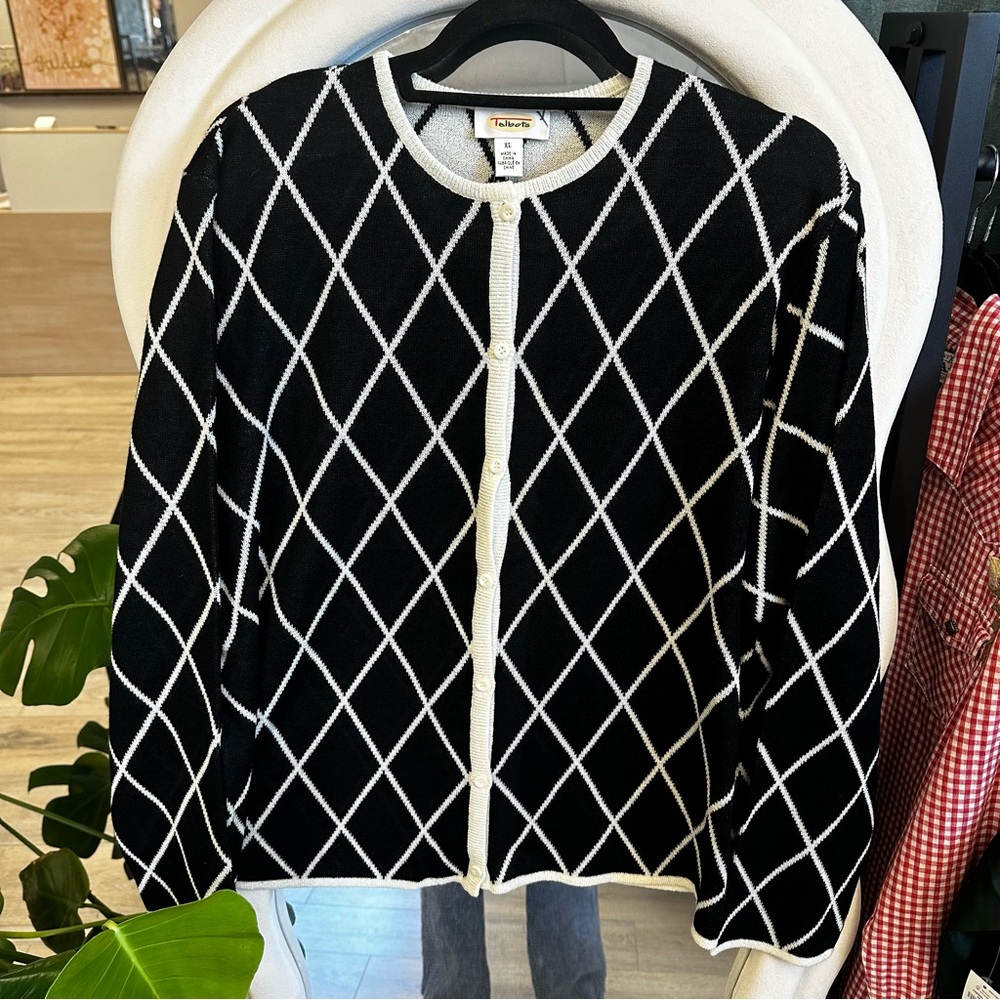 Talbots Black and Cream Geometric Cardigan NWT